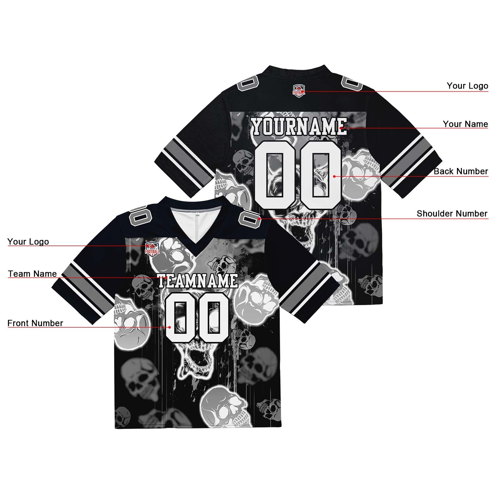 Custom Football Jersey Shirt Personalized Stitched Printed Team Name Number Graffiti skull-Grey