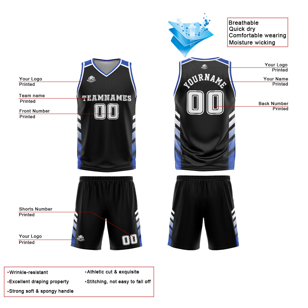 Custom Black Blue Basketball Jersey Uniform Suit Printed Your Logo Name Number