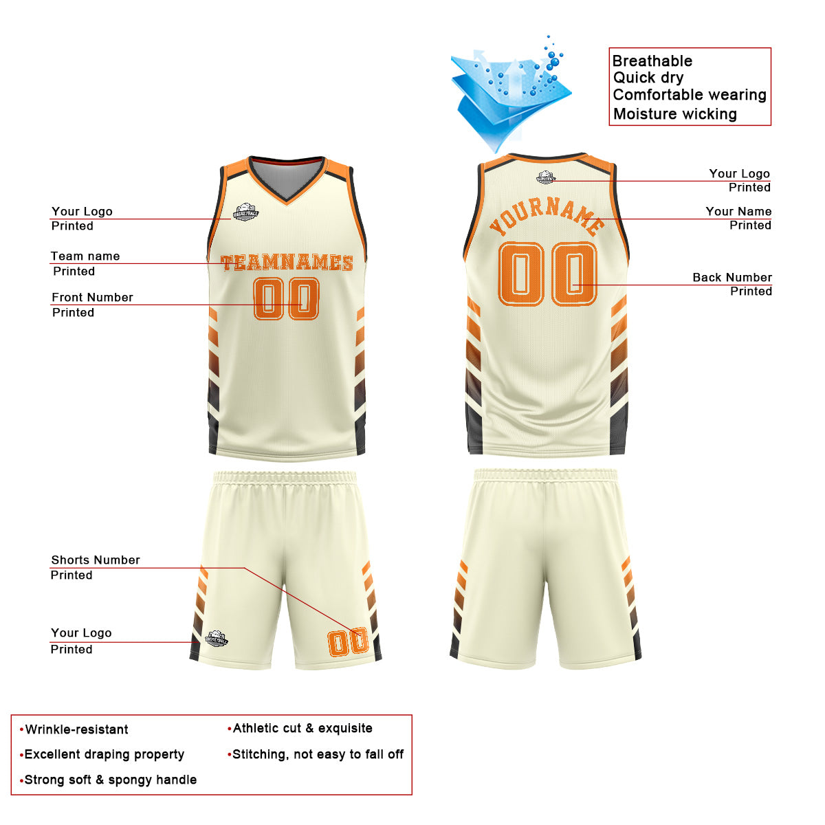 Custom Cream Orange Basketball Jersey Uniform Suit Printed Your Logo Name Number