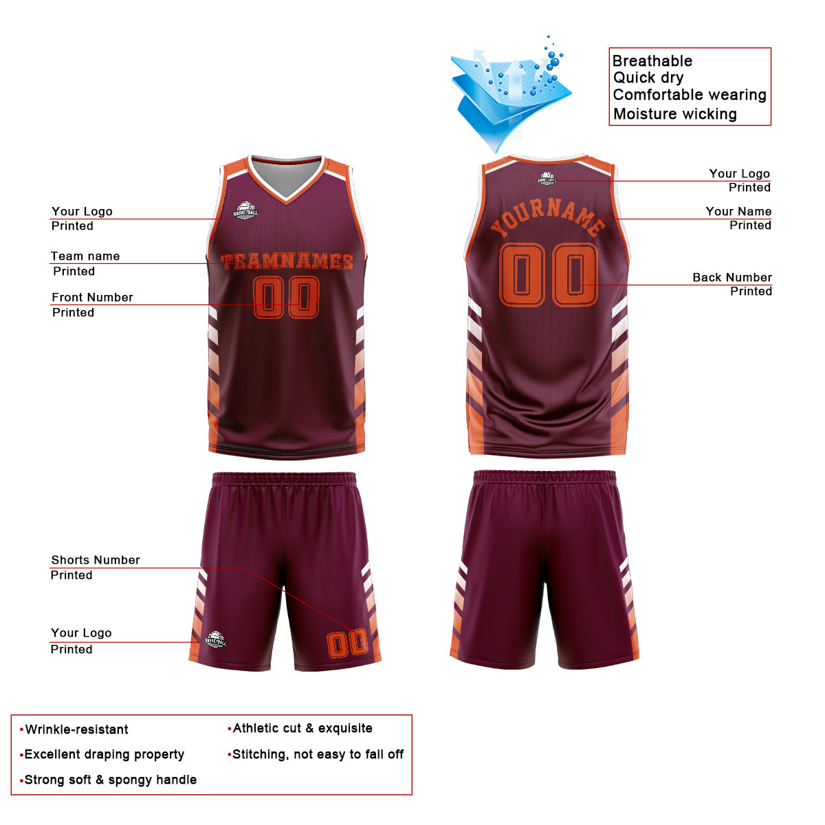 Custom Red Orange Basketball Jersey Uniform Suit Printed Your Logo Name Number