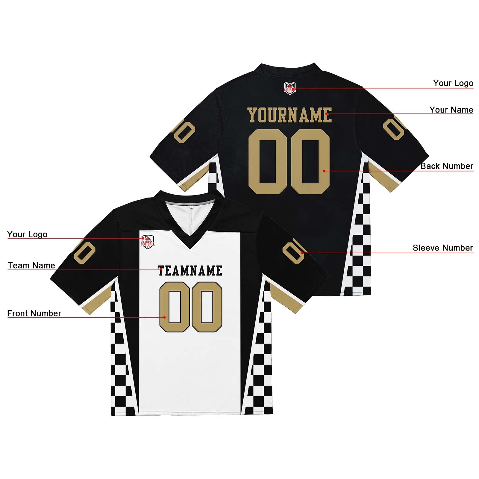 Custom Football Jersey Shirt Personalized Stitched Printed Team Name Number Black & White