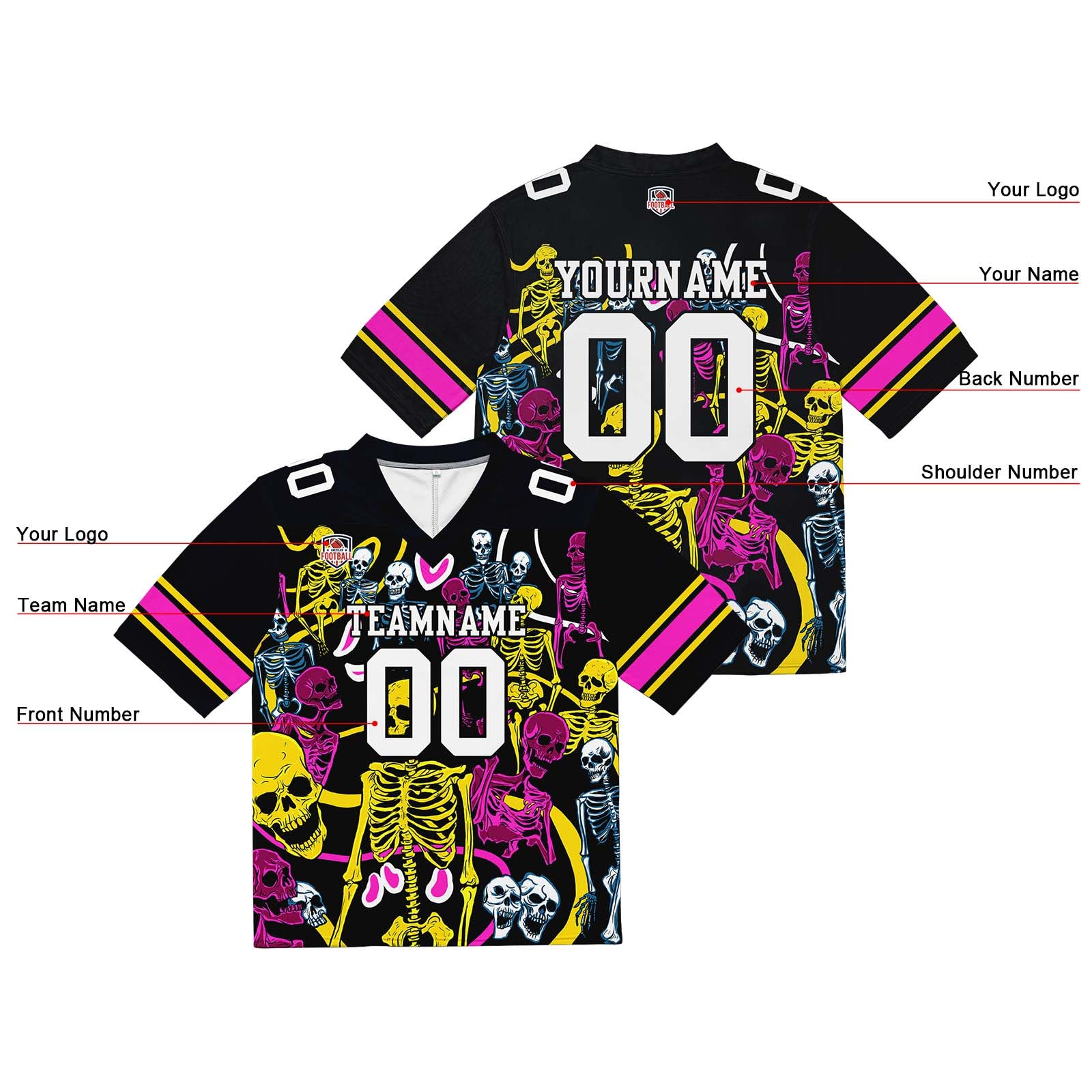 Custom Football Jersey Shirt Personalized Stitched Printed Team Name Number Skeleton-Yellow