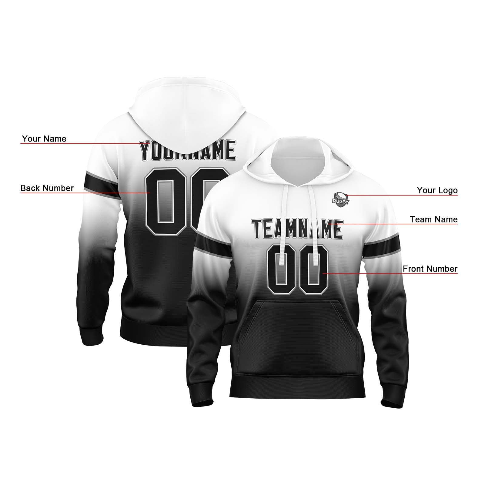 Custom Gradient Hoodie For Man Woman Girl Boy Print Your Logo Name Number White&Black