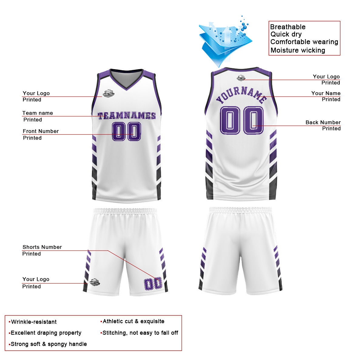 Custom White Purple Basketball Jersey Uniform Suit Printed Your Logo Name Number