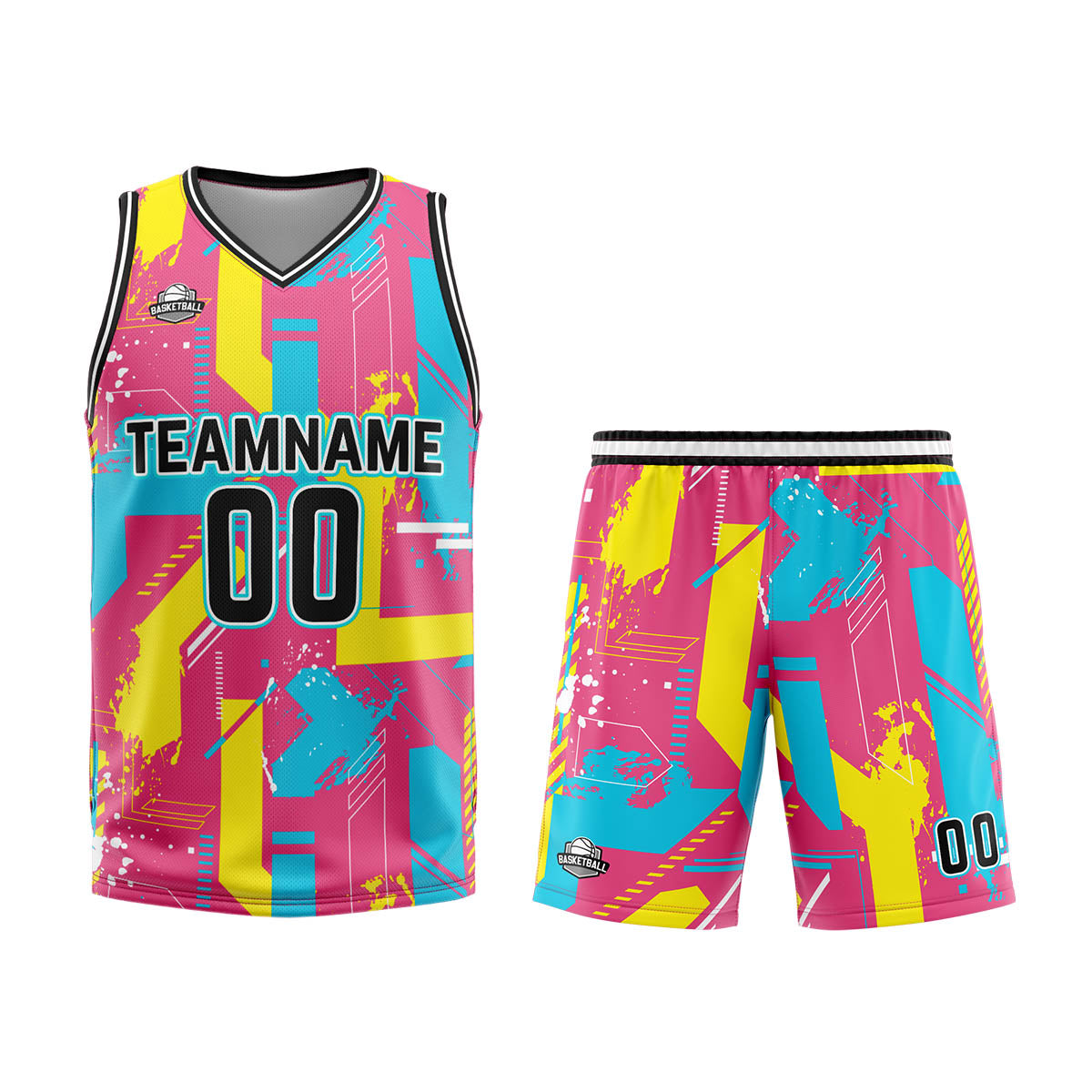 Custom Geometry Pink Yellow Basketball Jersey Uniform Suit Printed Your Logo Name Number