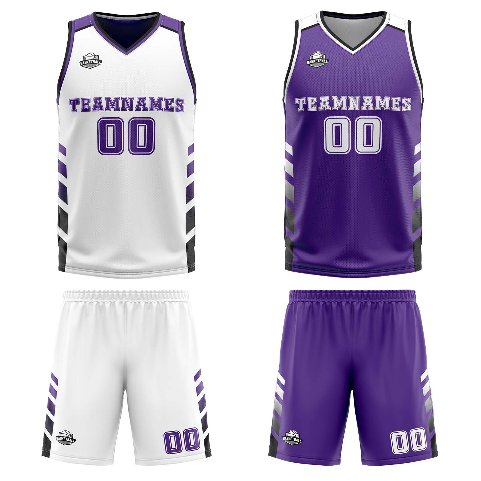 Custom White Purple Black Reversible Basketball Suit for Adults and Kids Personalized Jersey