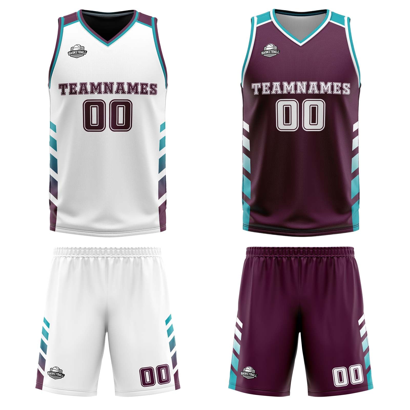 Custom White Garnet Teal Reversible Basketball Suit for Adults and Kids Personalized Jersey