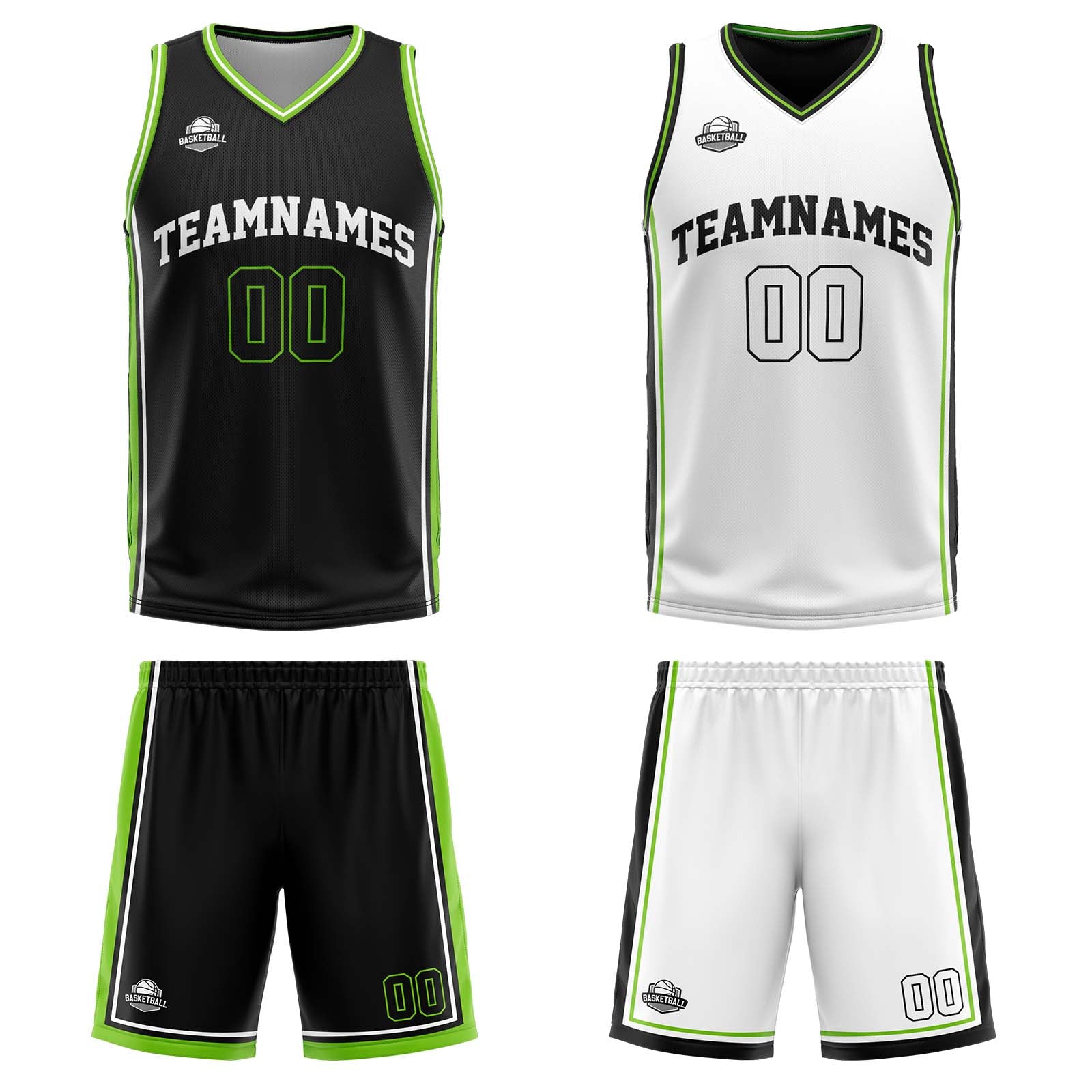 Custom Black White Neon Green Reversible Basketball Suit for Adults and Kids Personalized Jersey