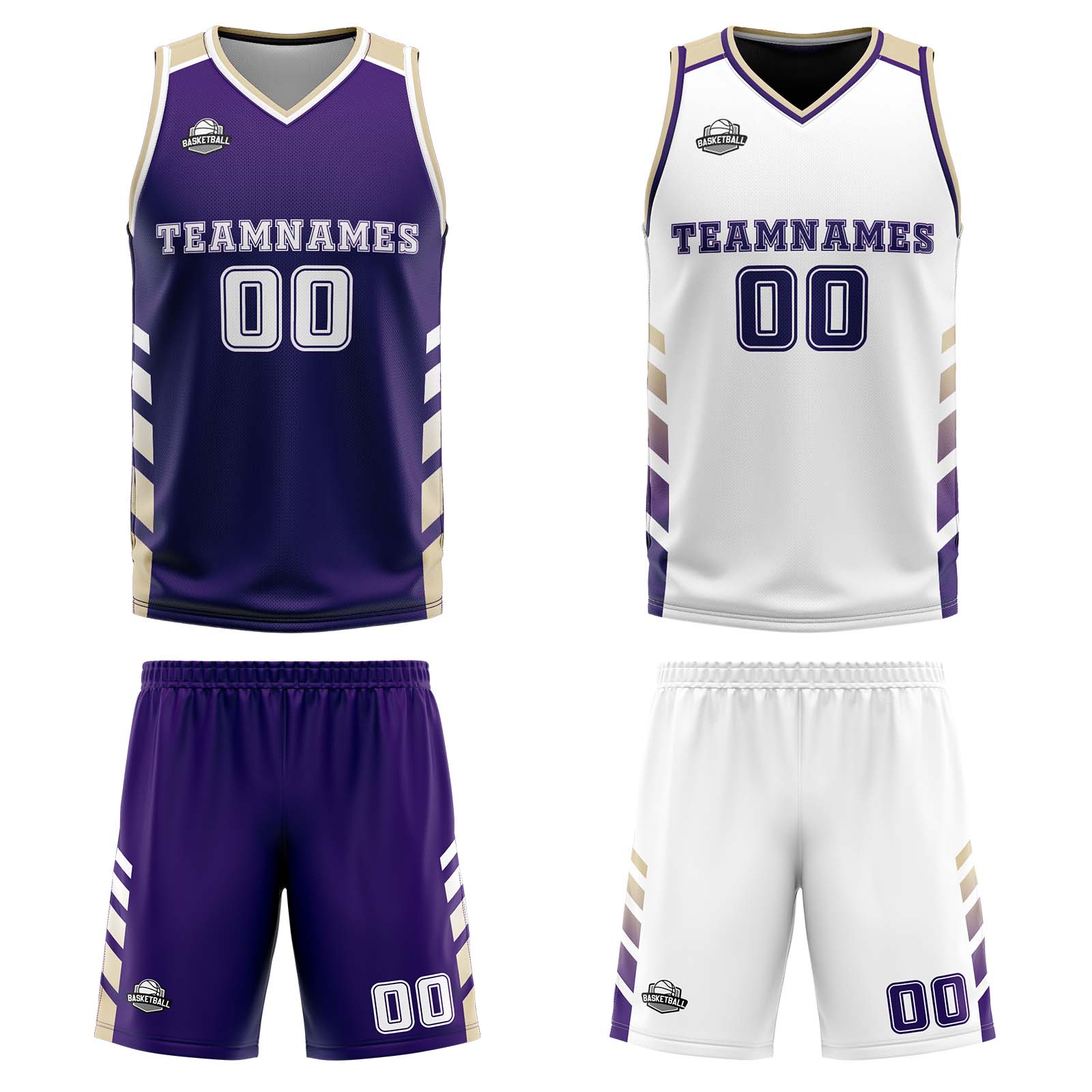 Custom Purple White Cream Reversible Basketball Suit for Adults and Kids Personalized Jersey