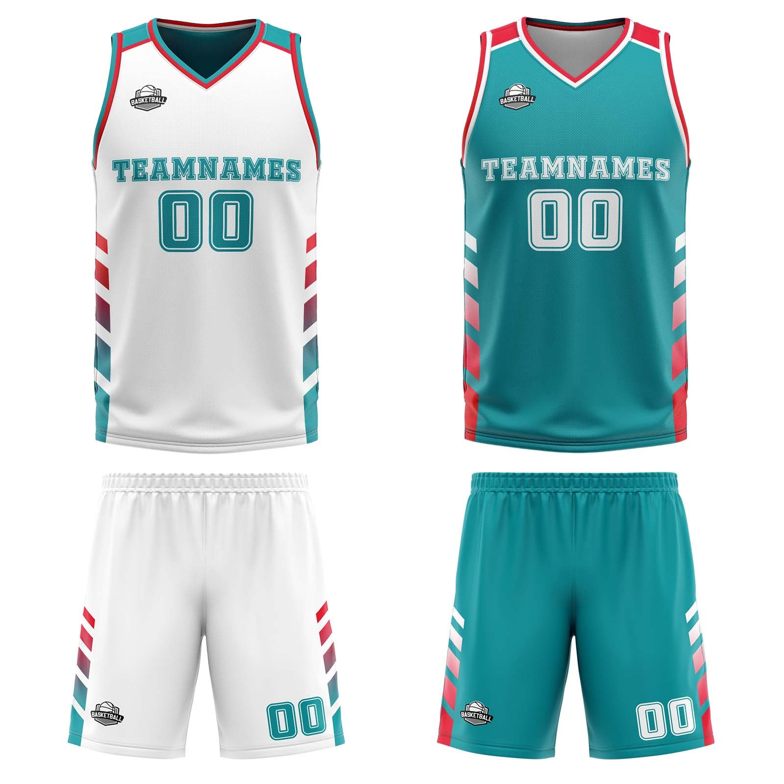 Custom White Teal Red Reversible Basketball Suit for Adults and Kids Personalized Jersey