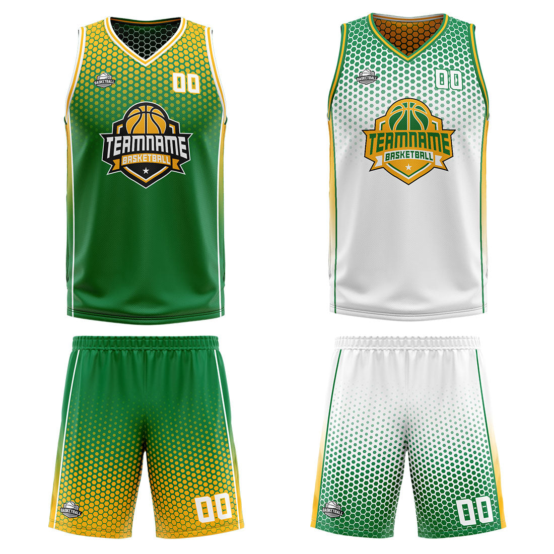 Custom Green Yellow White Reversible Basketball Suit for Adults and Kids Personalized Jersey