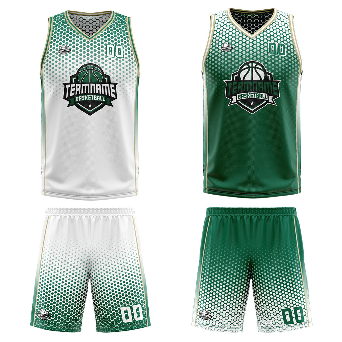 Custom White Green Reversible Basketball Suit for Adults and Kids Personalized Jersey