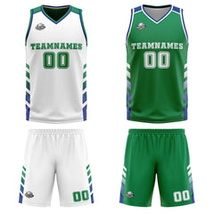 Custom White Green Reversible Basketball Suit for Adults and Kids Personalized Jersey