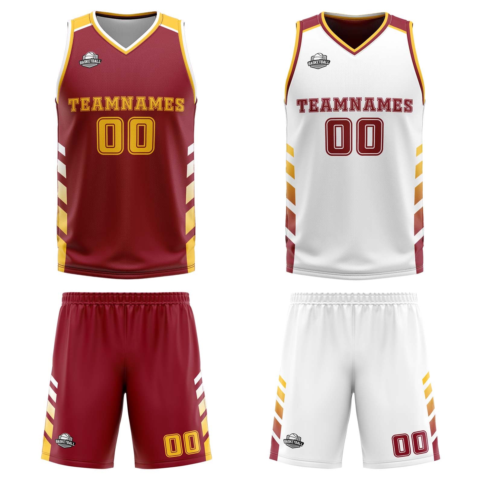 Custom Burgundy White Yellow Reversible Basketball Suit for Adults and Kids Personalized Jersey