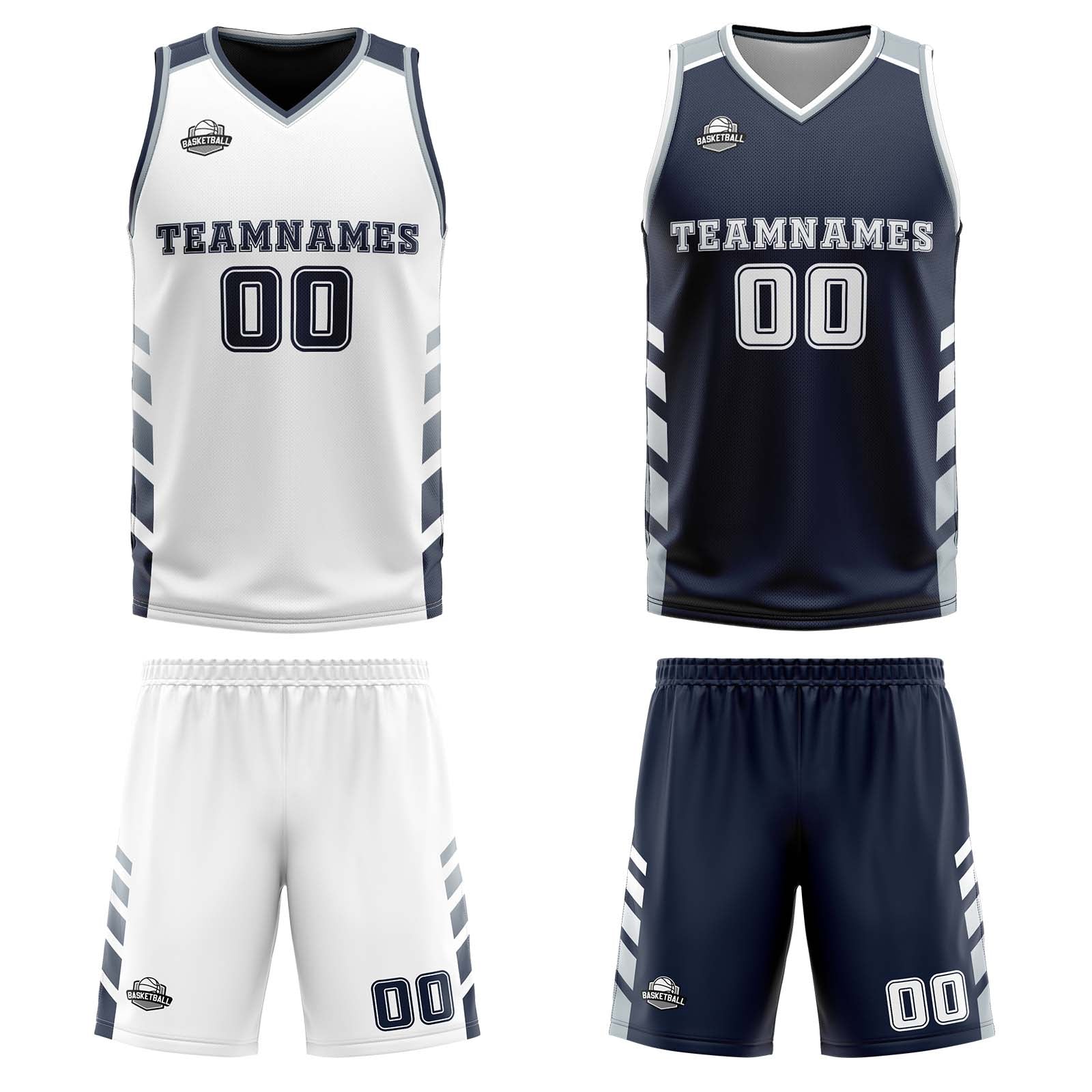 Custom White Navy Grey Reversible Basketball Suit for Adults and Kids Personalized Jersey