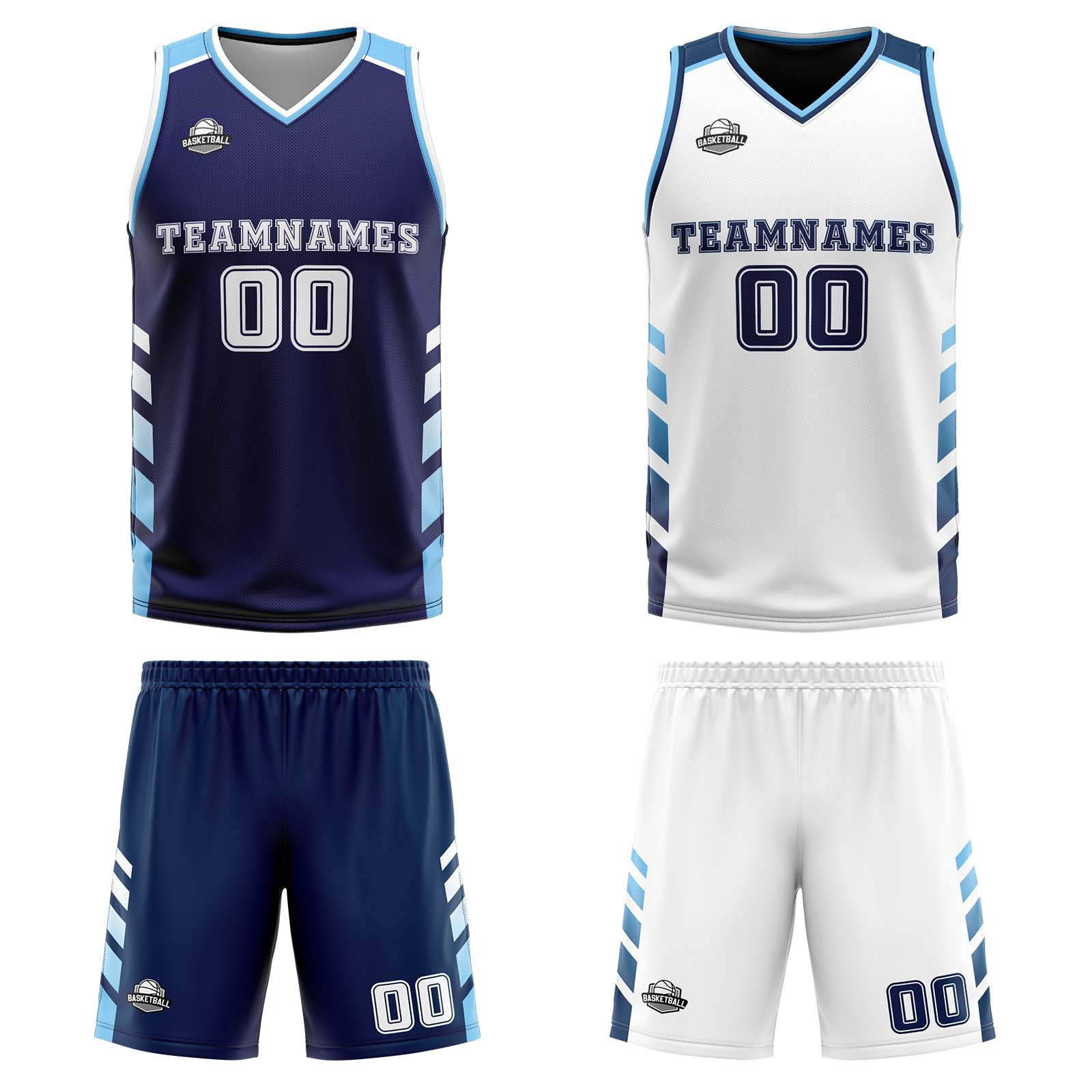Custom Navy White Light  Blue Reversible Basketball Suit for Adults and Kids Personalized Jersey