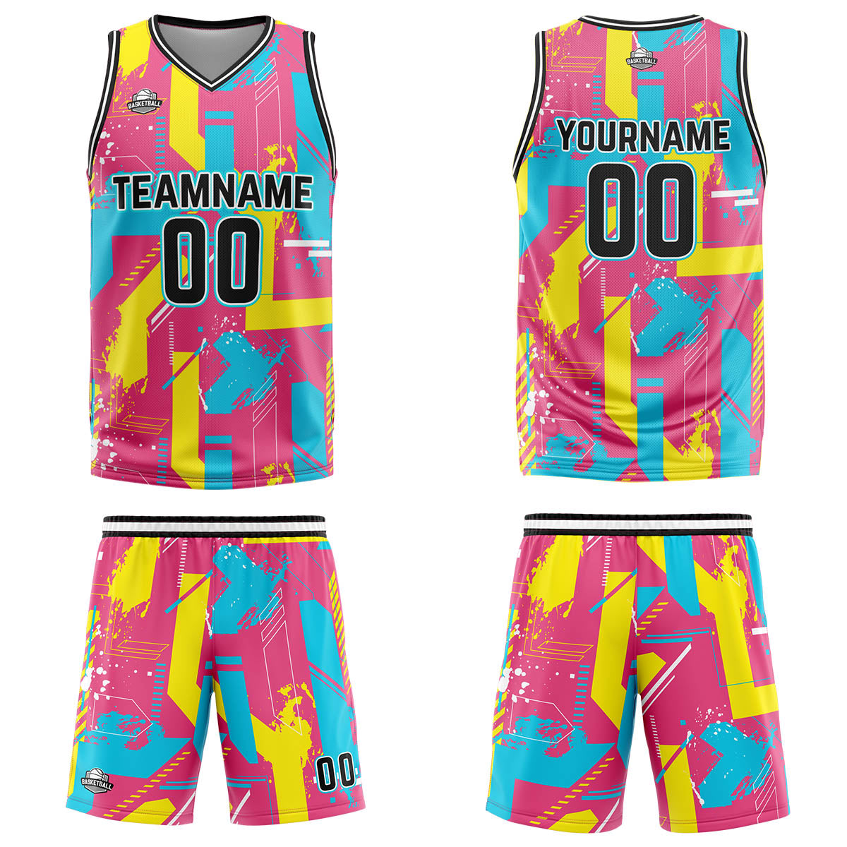 Custom Geometry Pink Yellow Basketball Jersey Uniform Suit Printed Your Logo Name Number