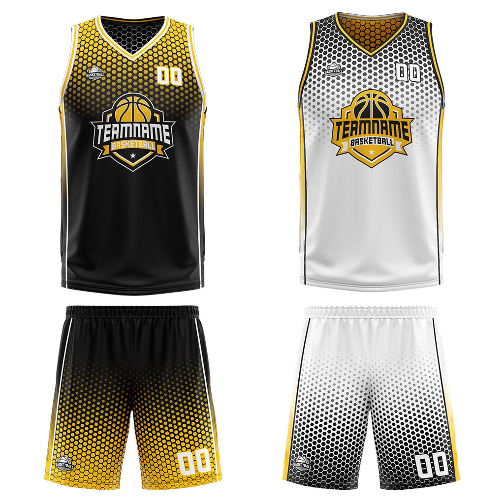 Custom Black Yellow White Reversible Basketball Suit for Adults and Kids Personalized Jersey