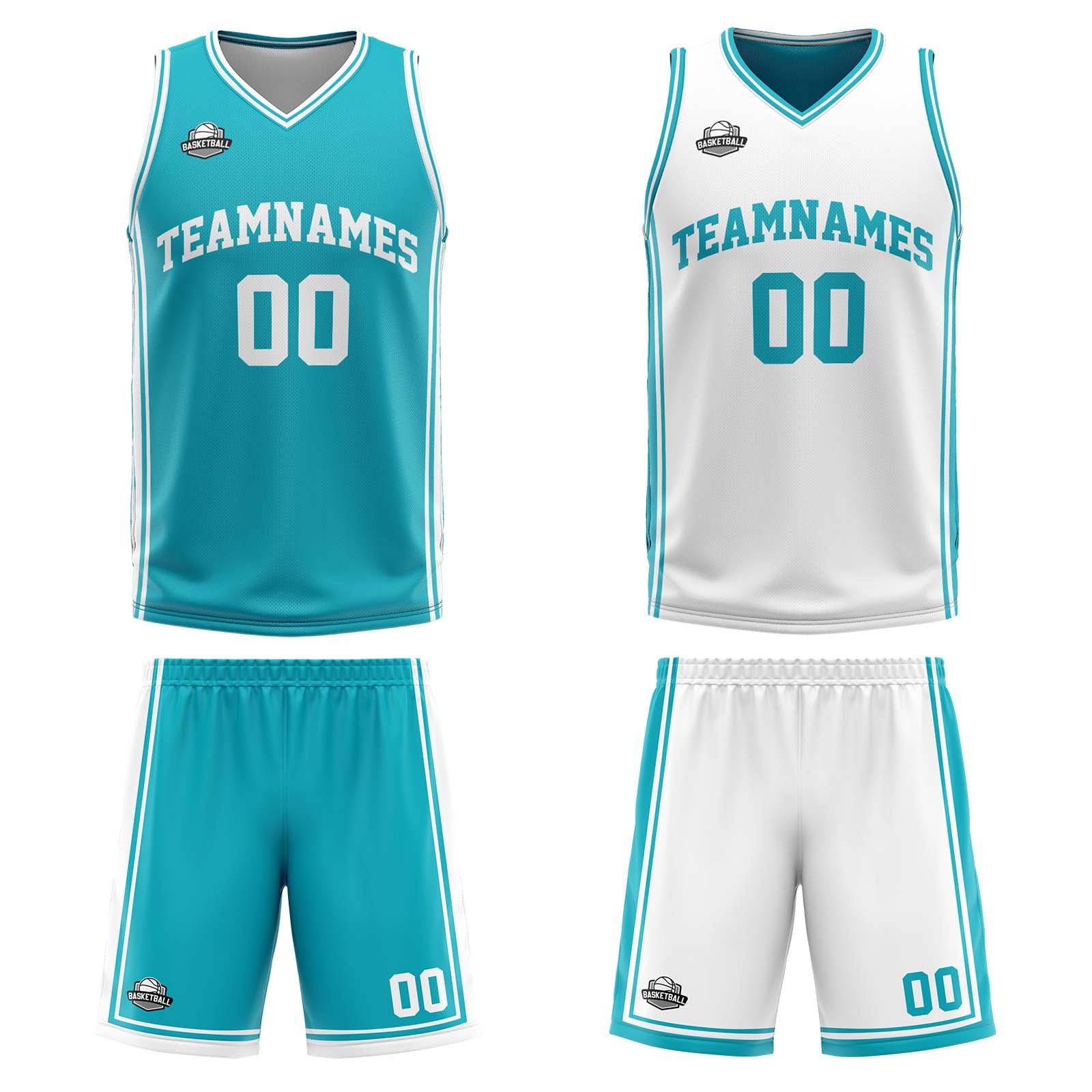 Custom Cyan White Reversible Basketball Suit for Adults and Kids Personalized Jersey