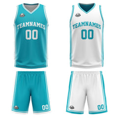 Custom Cyan White Reversible Basketball Suit for Adults and Kids Personalized Jersey