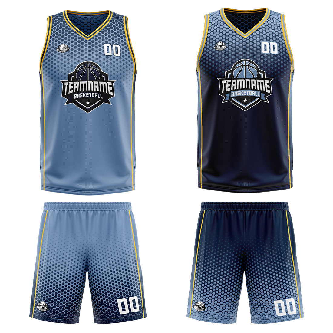 Custom Dusty Blue Navy Yellow Reversible Basketball Suit for Adults and Kids Personalized Jersey