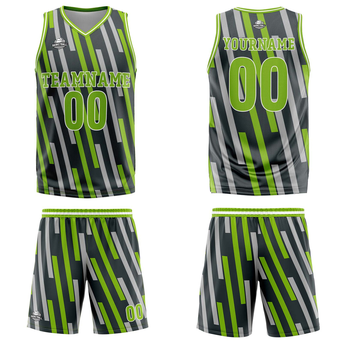 Custom Vertical Bar Green Grey Basketball Jersey Uniform Suit Printed Your Logo Name Number