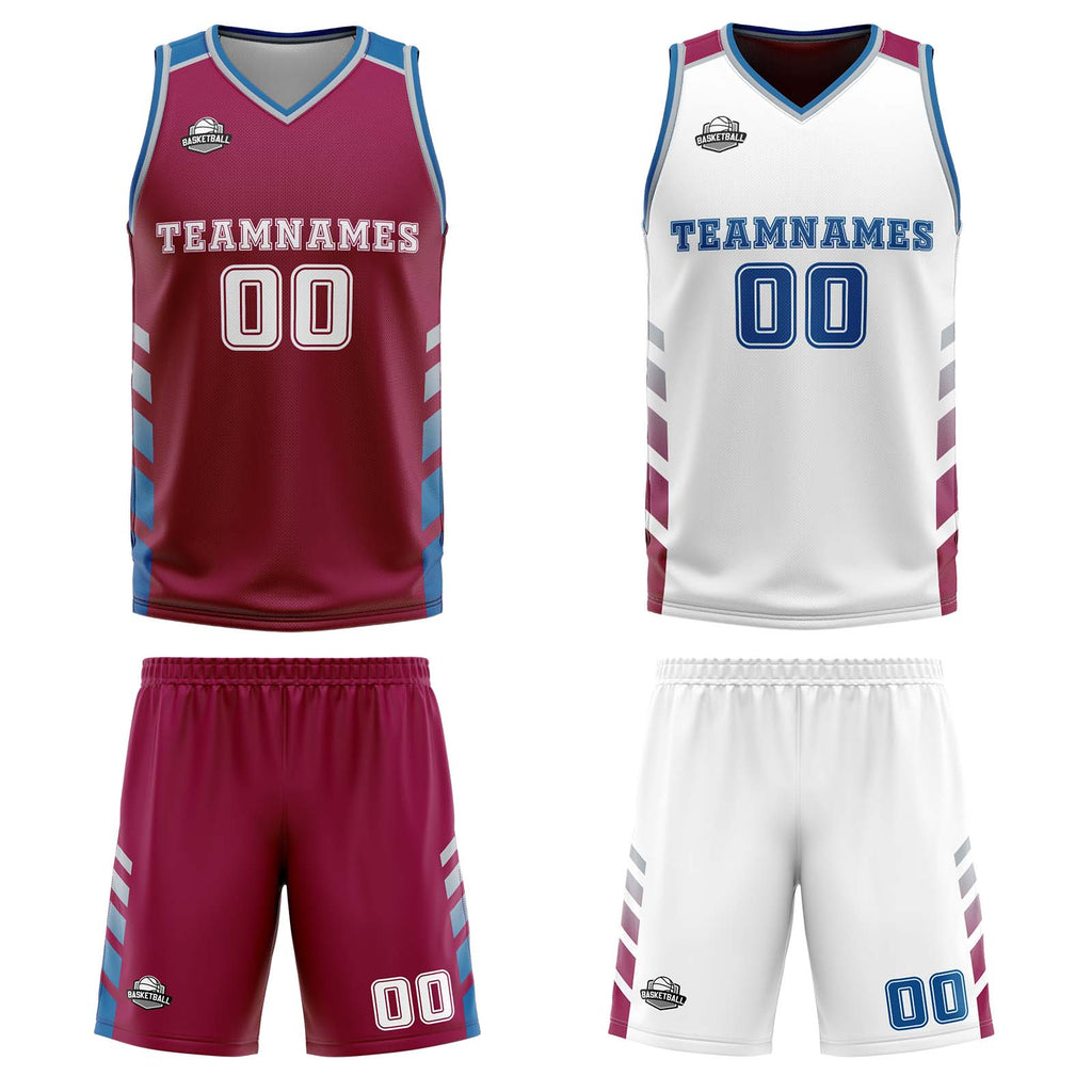 Custom Burgundy White Blue Reversible Basketball Suit for Adults and Kids Personalized Jersey
