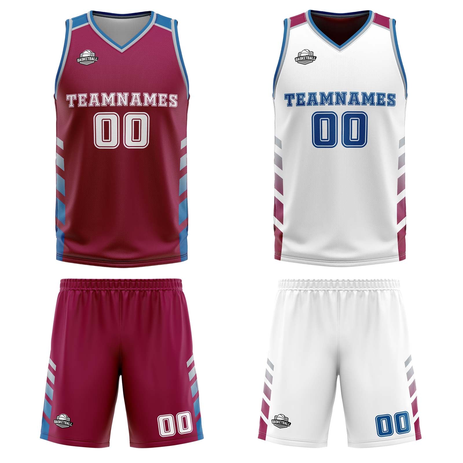 Custom Burgundy White Blue Reversible Basketball Suit for Adults and Kids Personalized Jersey