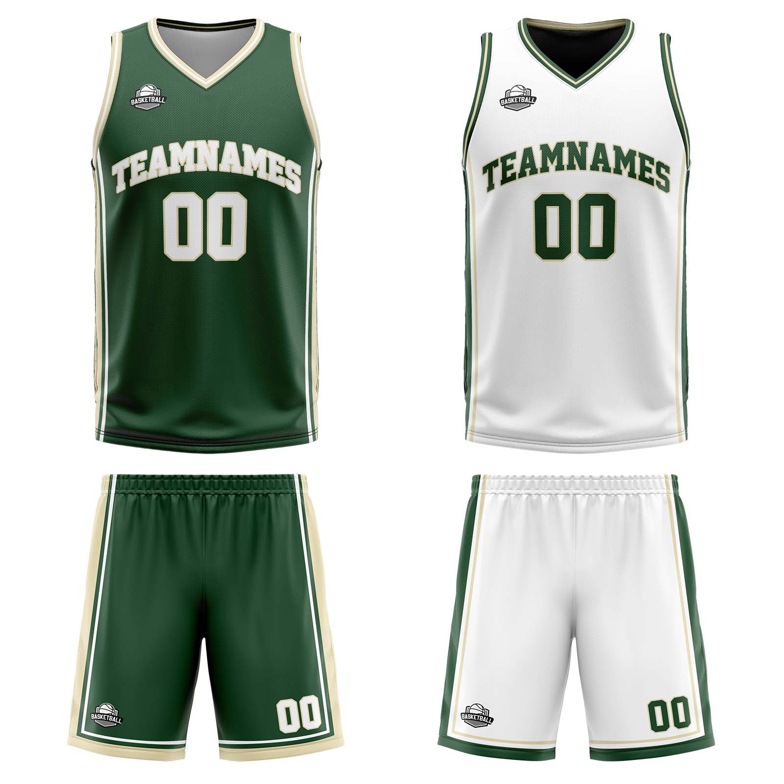 Custom Dark Green White Cream Reversible Basketball Suit for Adults and Kids Personalized Jersey