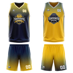 Custom Navy Yellow Reversible Basketball Suit for Adults and Kids Personalized Jersey
