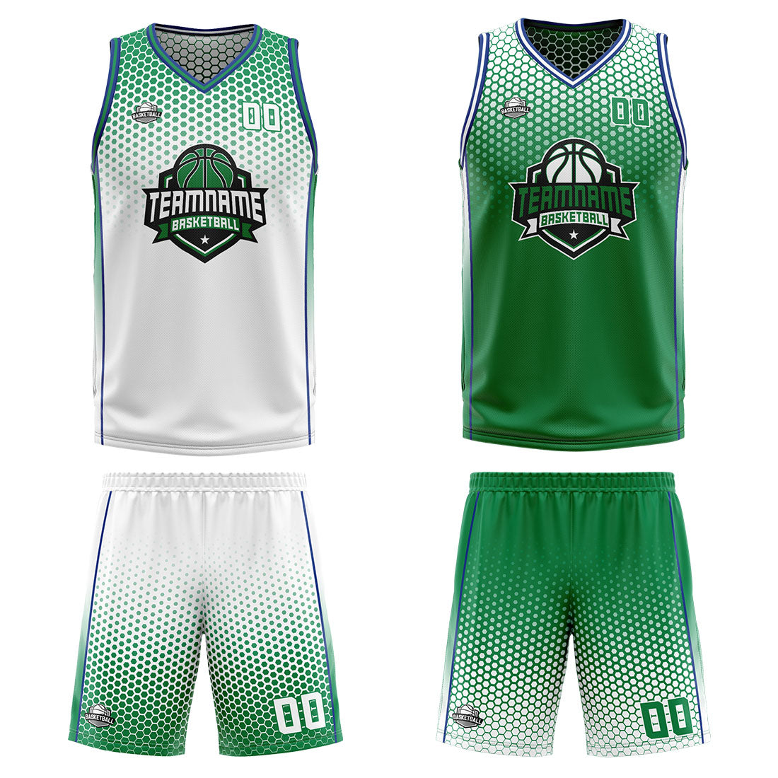 Custom White Green Blue Reversible Basketball Suit for Adults and Kids Personalized Jersey