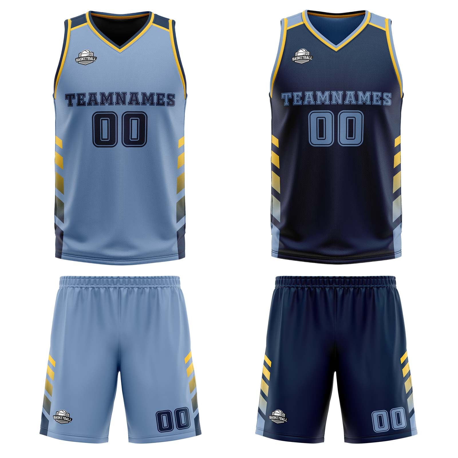 Custom Light Blue Navy Yellow Reversible Basketball Suit for Adults and Kids Personalized Jersey