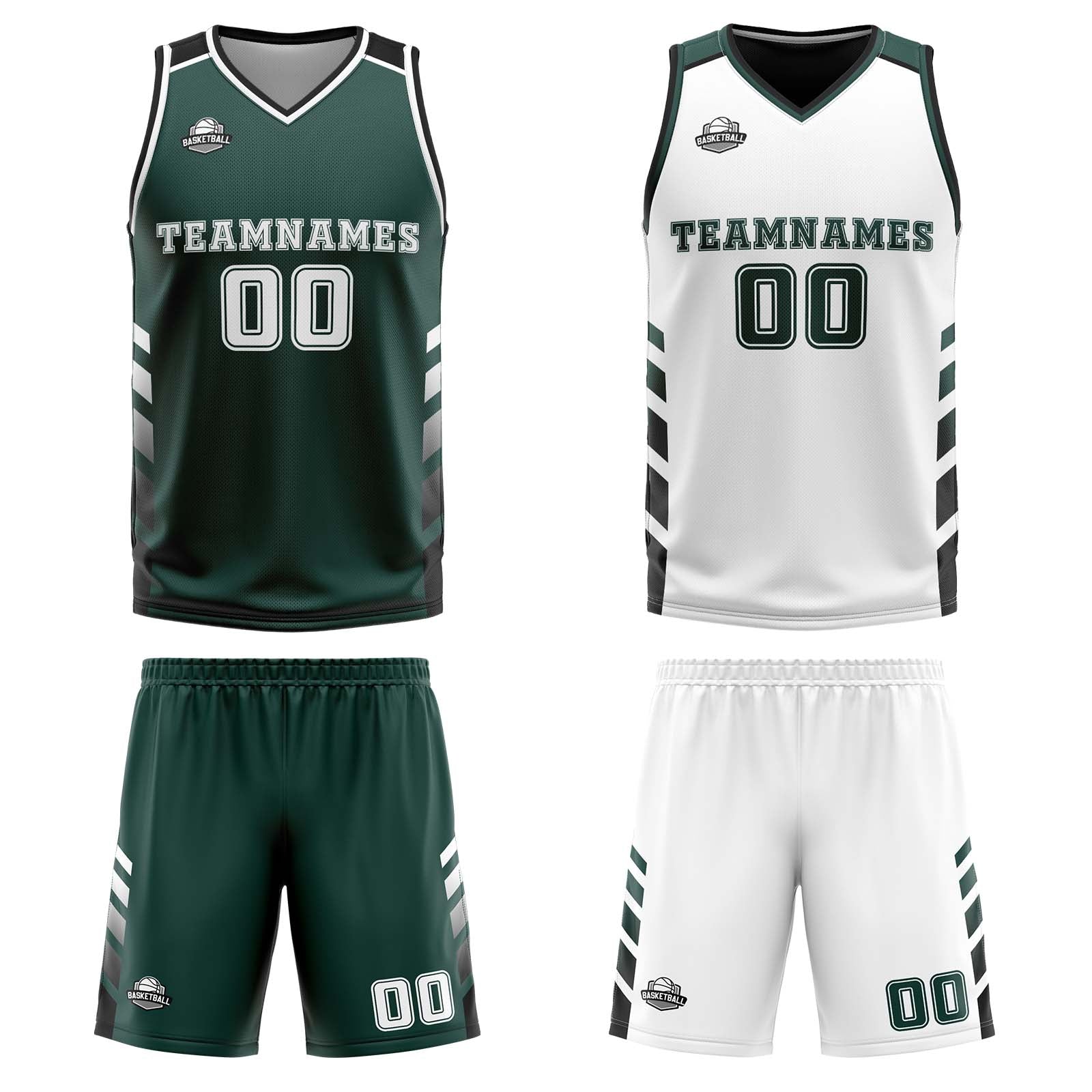Custom Deep Green White Black Reversible Basketball Suit for Adults and Kids Personalized Jersey