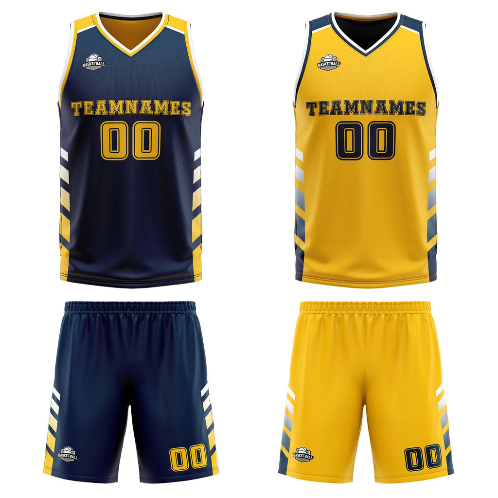 Custom Navy Yellow White Reversible Basketball Suit for Adults and Kids Personalized Jersey