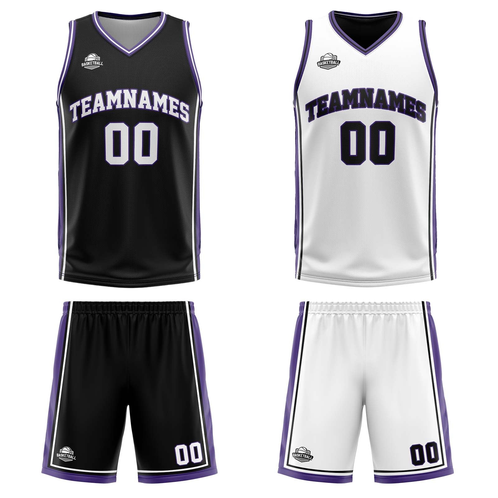 Custom Black White Purple Reversible Basketball Suit for Adults and Kids Personalized Jersey