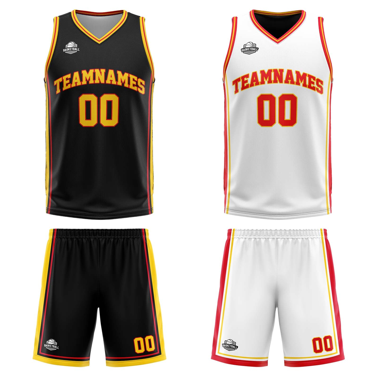 Custom Black White Yellow Red Reversible Basketball Suit for Adults and Kids Personalized Jersey