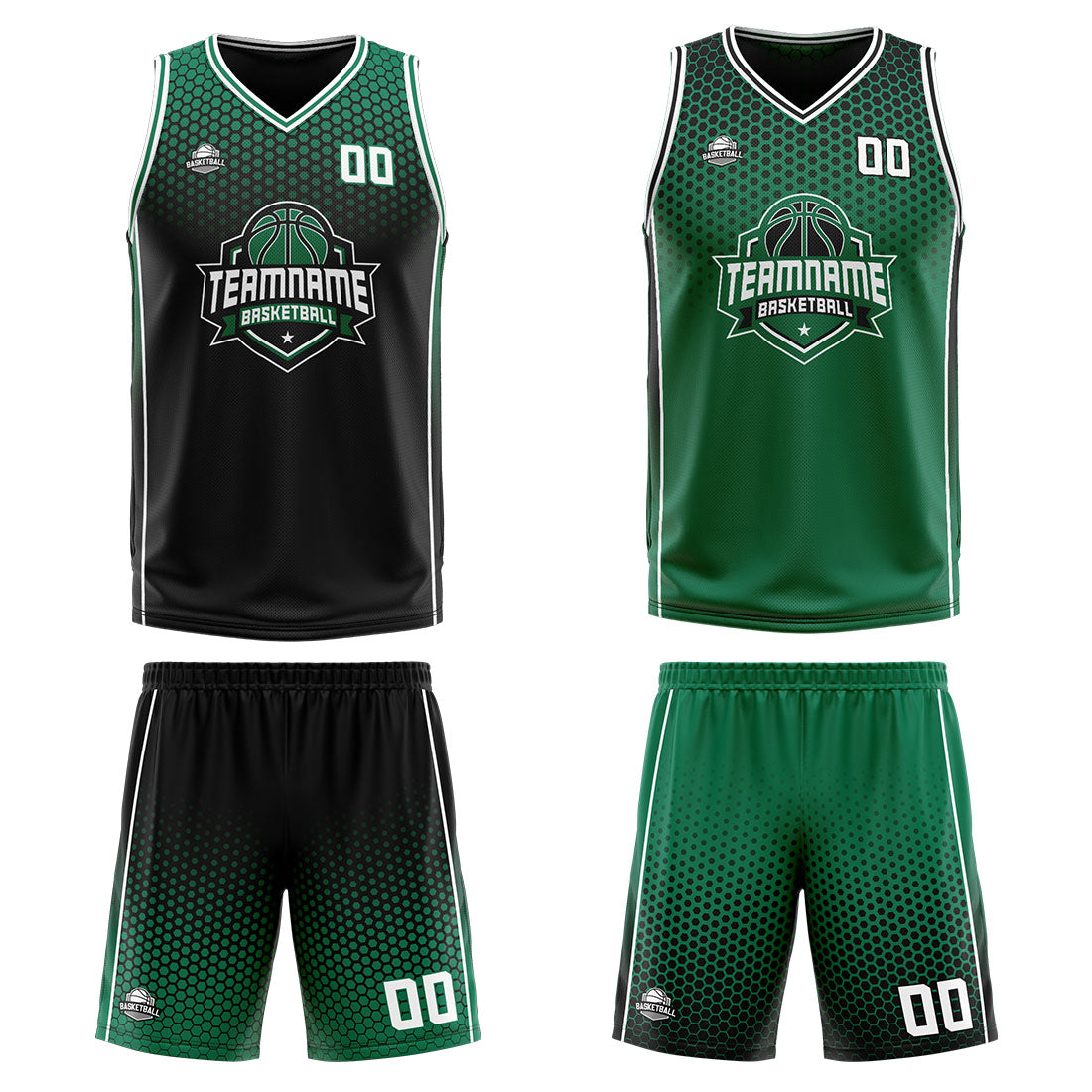 Custom Black Green White Reversible Basketball Suit for Adults and Kids Personalized Jersey