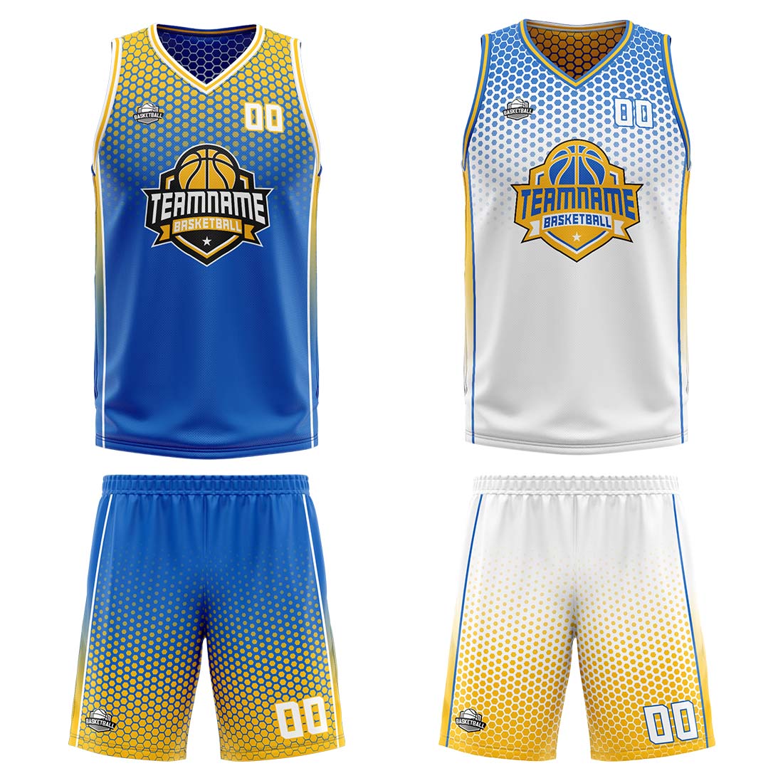 Custom Blue Yellow White Reversible Basketball Suit for Adults and Kids Personalized Jersey