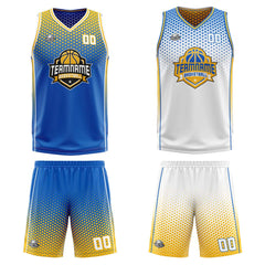 Custom Blue Yellow White Reversible Basketball Suit for Adults and Kids Personalized Jersey