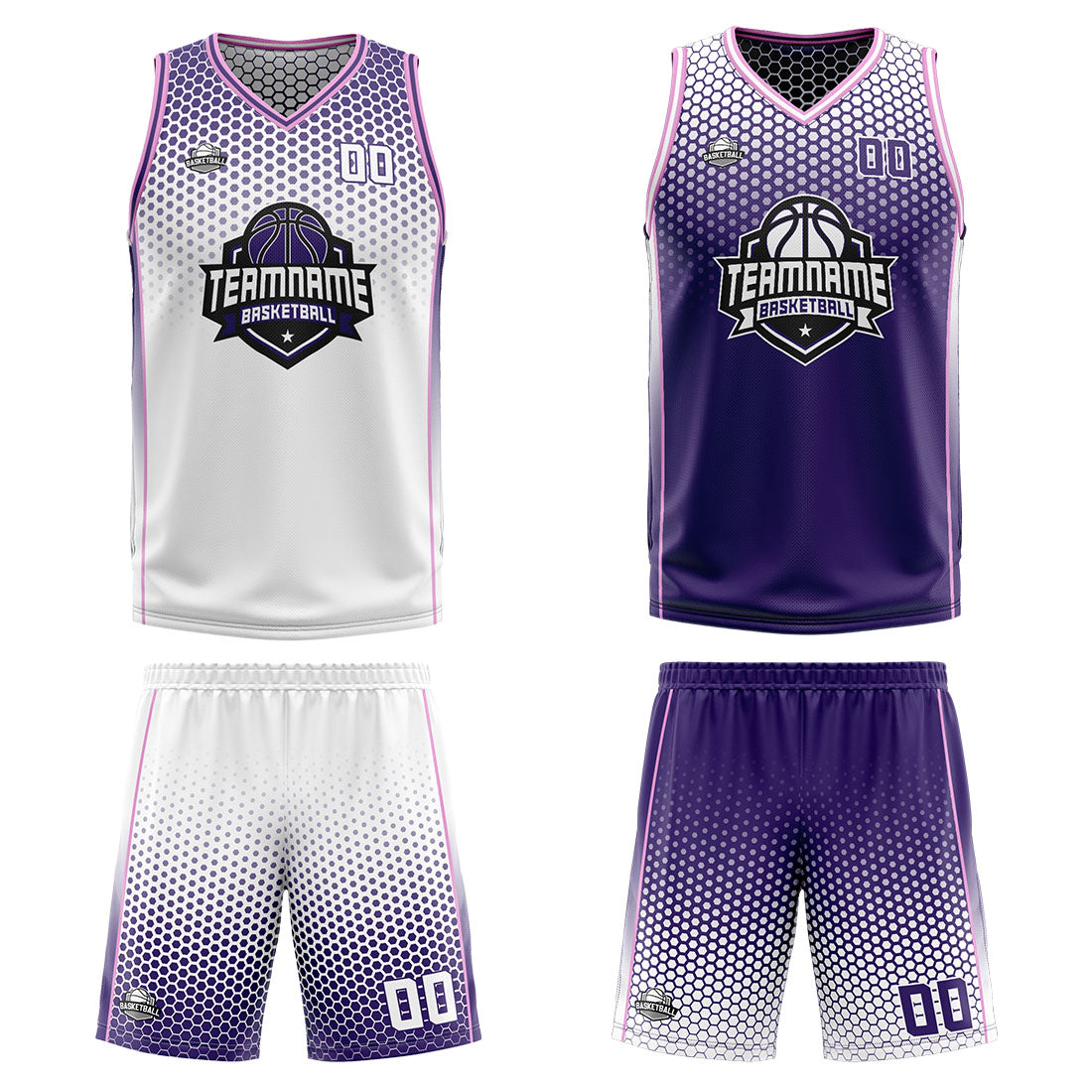 Custom White Purple Pink Reversible Basketball Suit for Adults and Kids Personalized Jersey