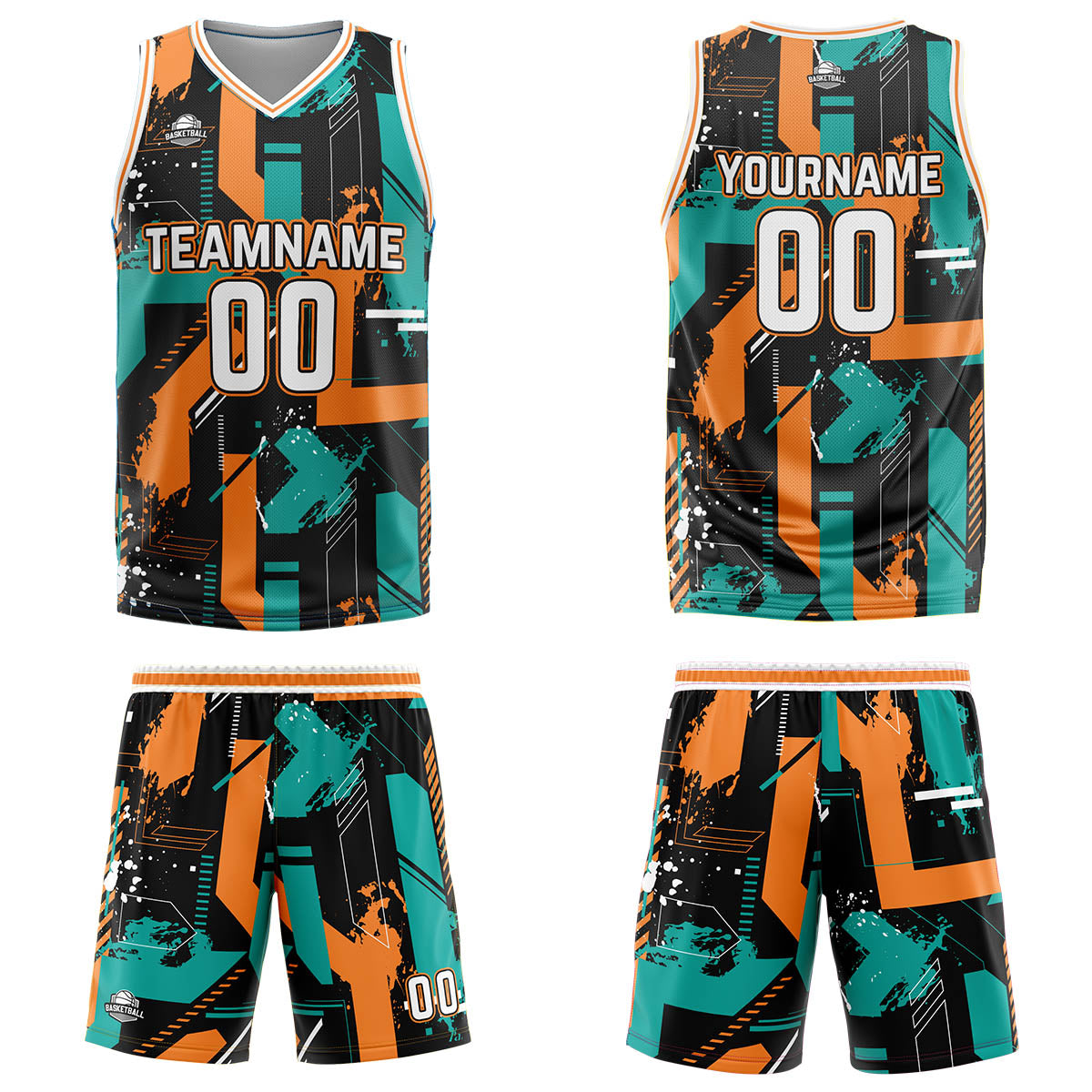 Custom Geometry Aqua Orange Basketball Jersey Uniform Suit Printed Your Logo Name Number