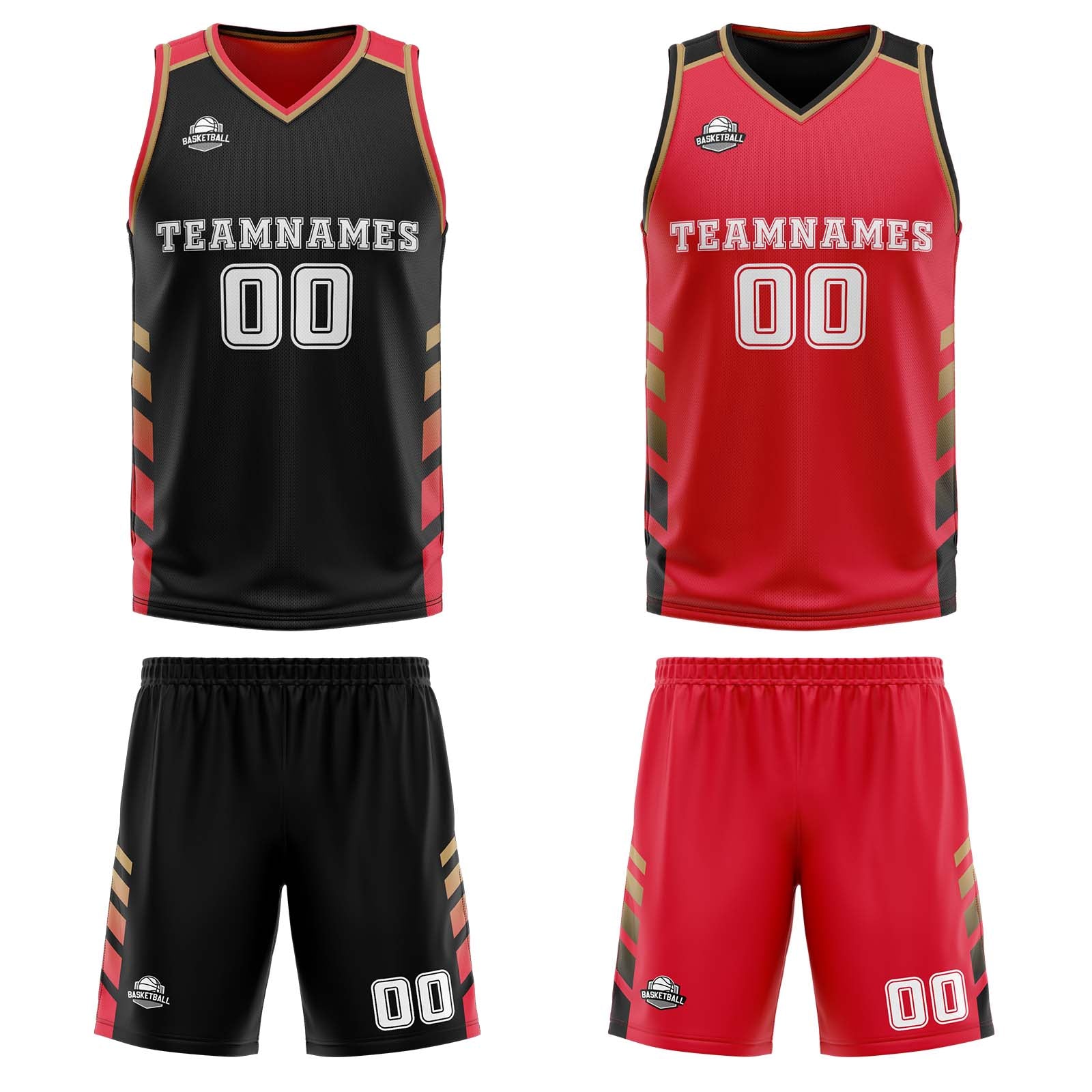 Custom Black Red Gold Reversible Basketball Suit for Adults and Kids Personalized Jersey