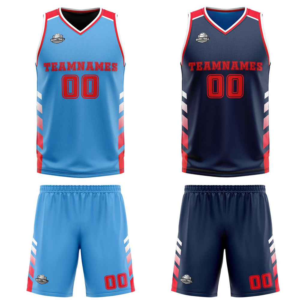 Custom Light Blue Navy Red Reversible Basketball Suit for Adults and Kids Personalized Jersey