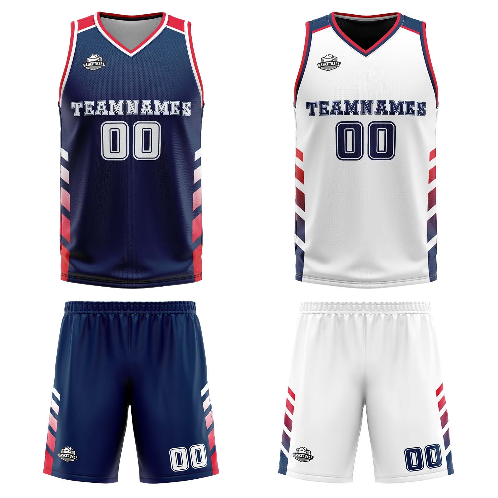 Custom Navy White Red Reversible Basketball Suit for Adults and Kids Personalized Jersey