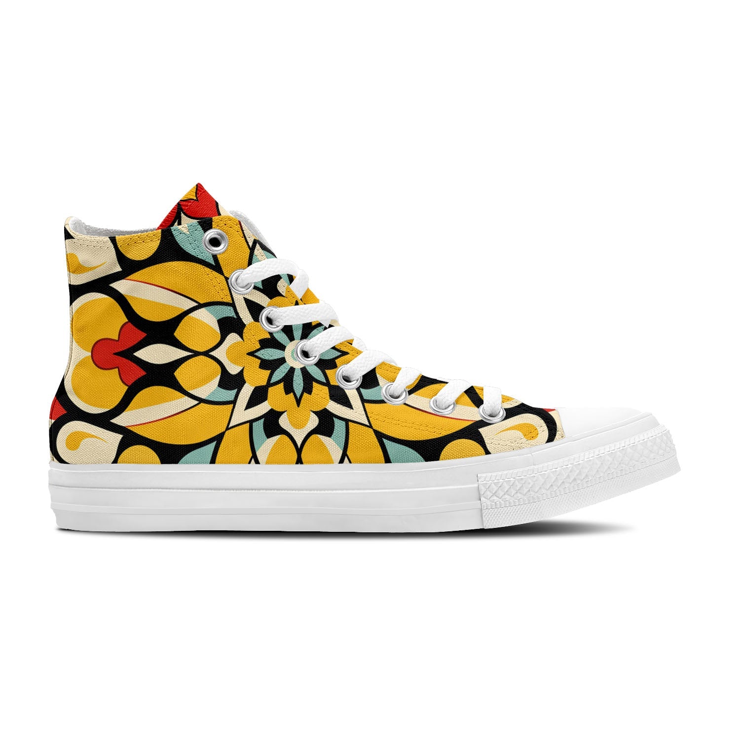 Golden Horizons: Embrace Moroccan Vibes with Mid-Cut Canvas Shoes, Radiant in Reds and Yellows