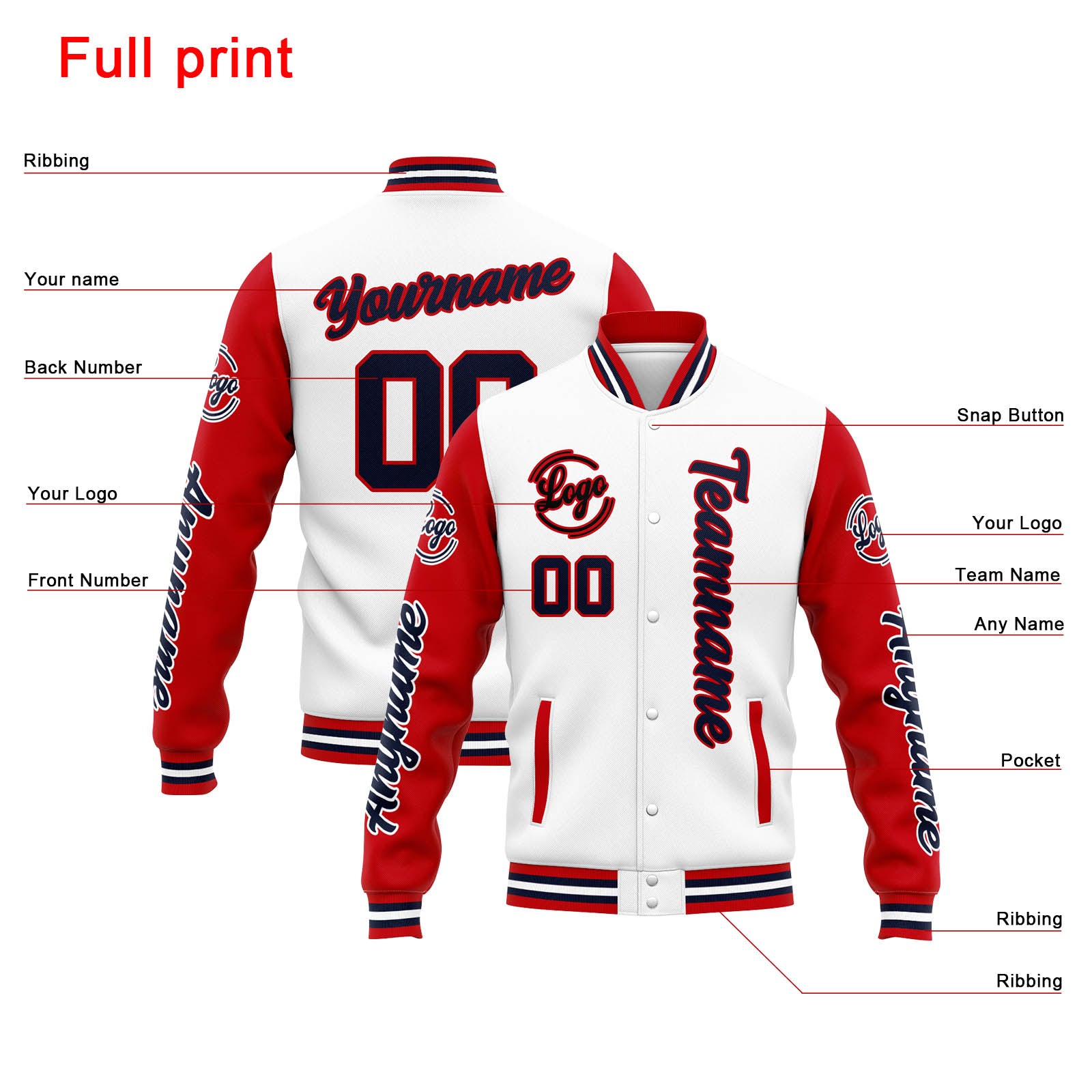 Custom Varsity Jacket Letterman jacket for Men, Women and Youth White White Red Navy