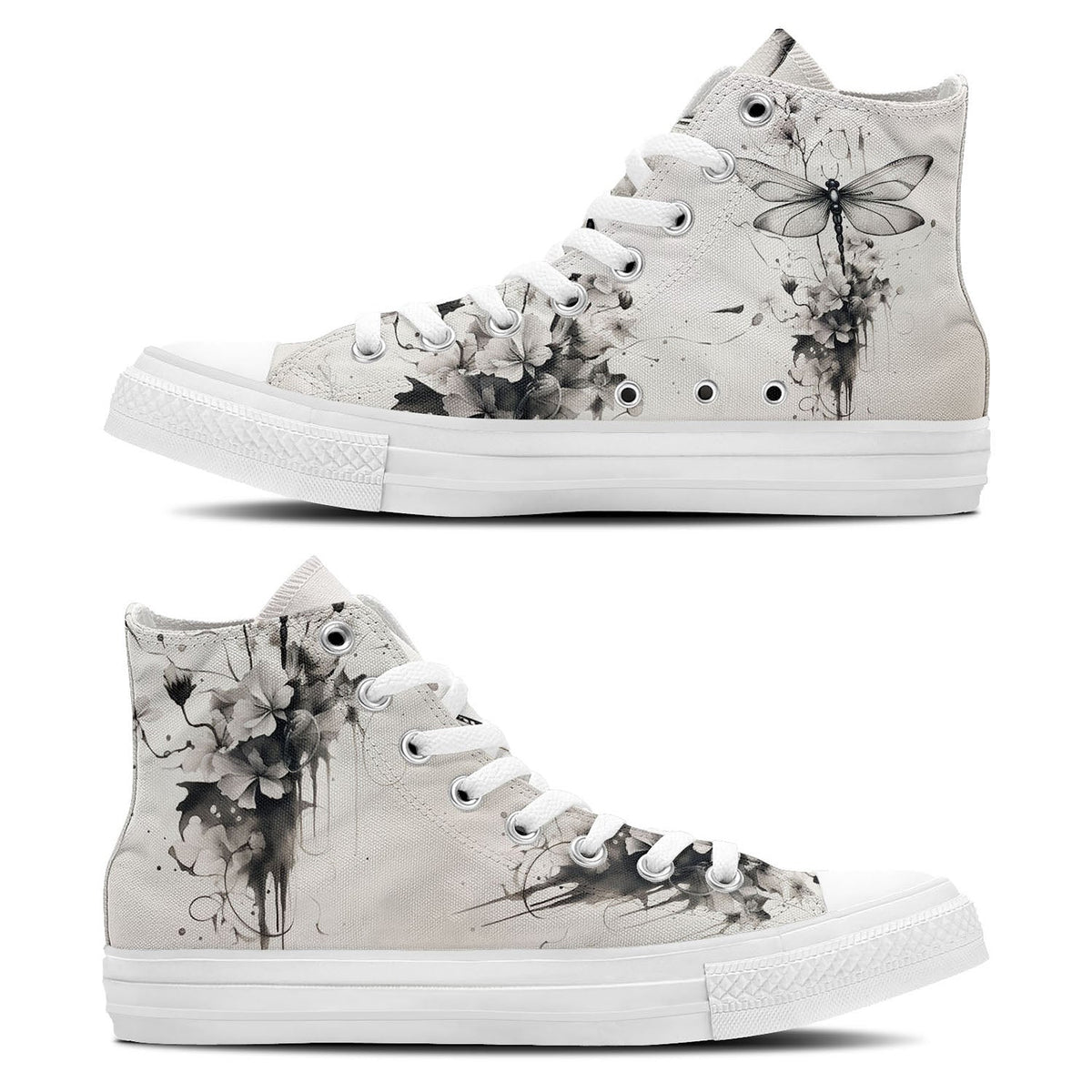 Dragonfly Dreams: Central-High Canvas Shoes featuring Japanese Ink Styling – Unisex Fashion Inspired by the Artistry of the East