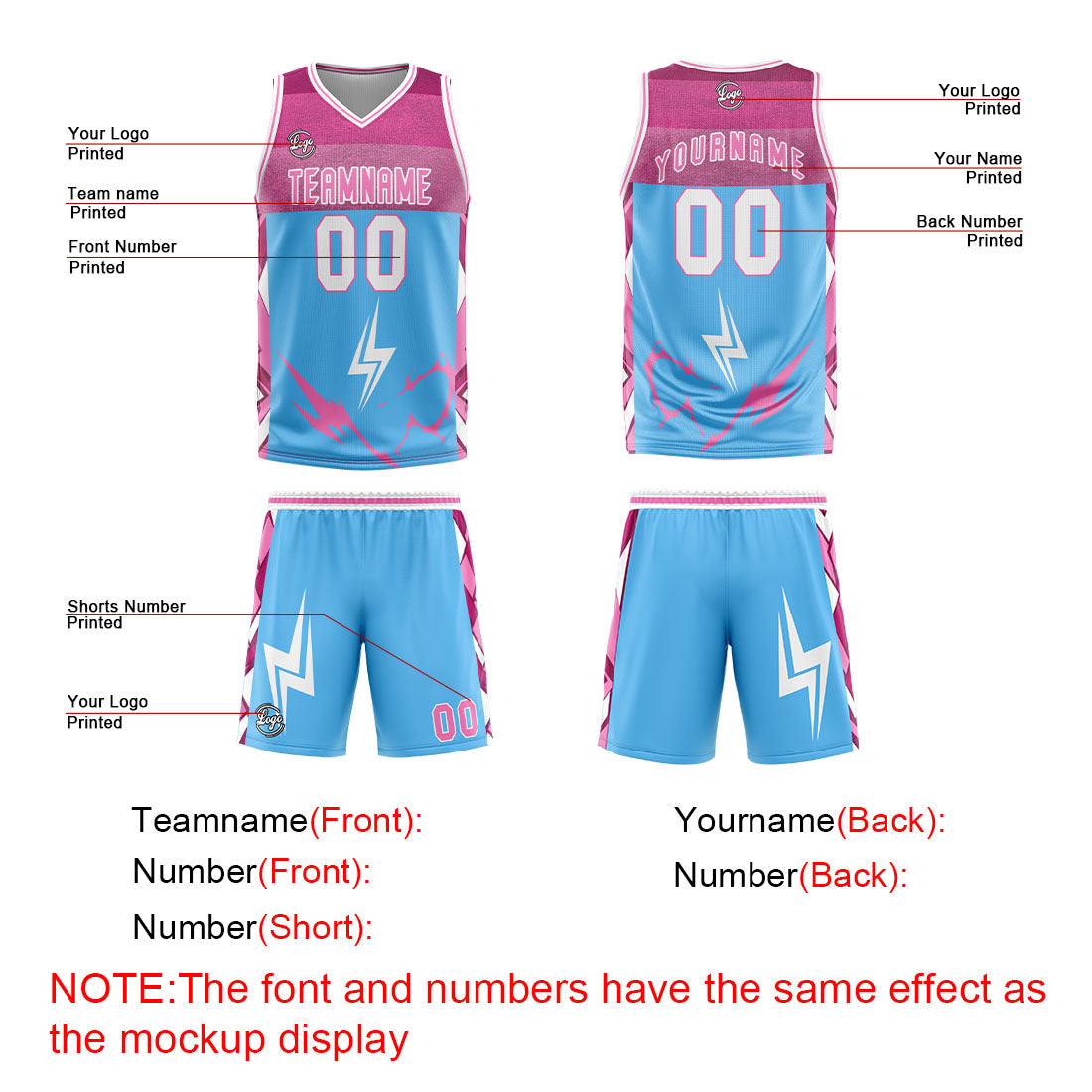 Custom Blue Pink Basketball Jersey Uniform Suit Printed Your Logo Name Number
