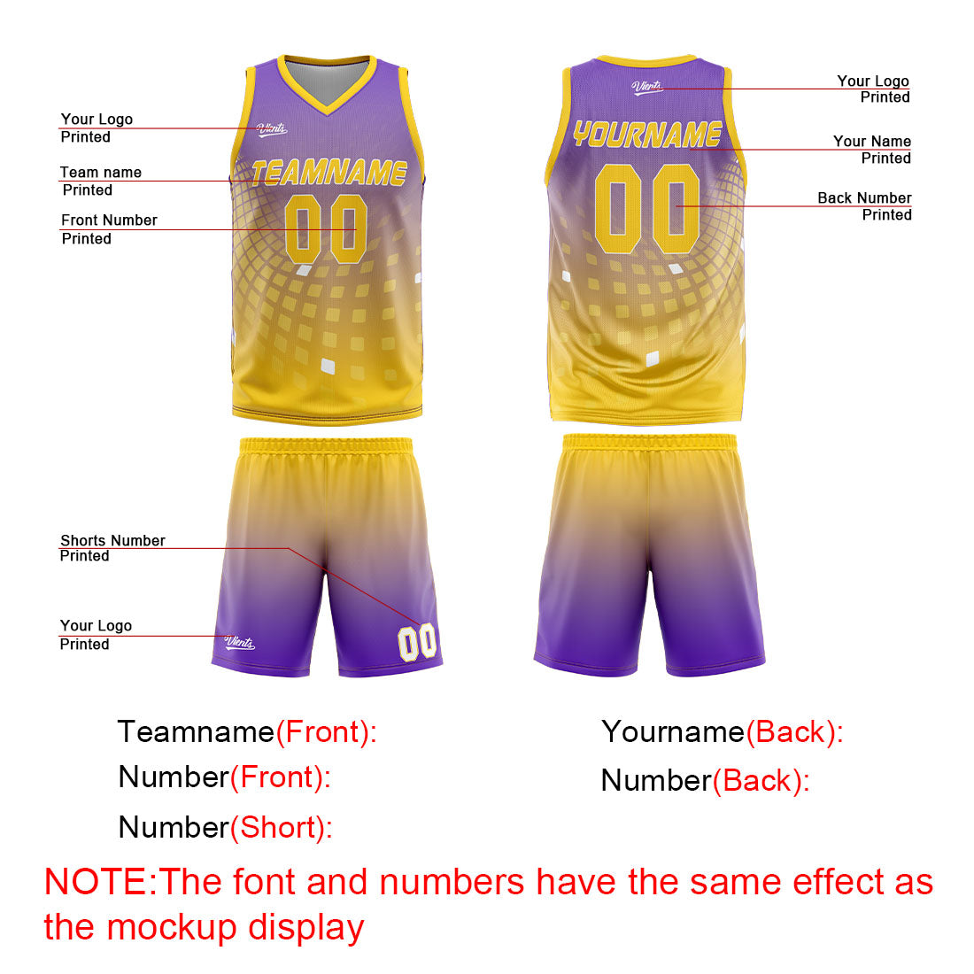 Custom Purple Yellow Basketball Jersey Uniform Suit Printed Your Logo Name Number