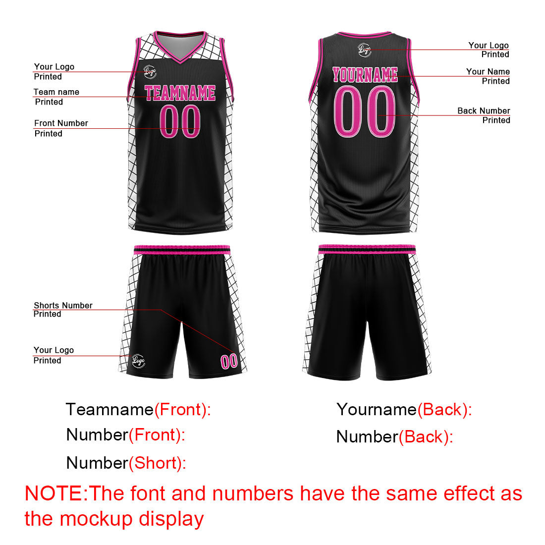Custom Black Pink Basketball Jersey Uniform Suit Printed Your Logo Name Number